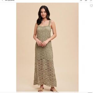 In Loom Cotton Boho Crochet Maxi Tank Dress in Olive nwt